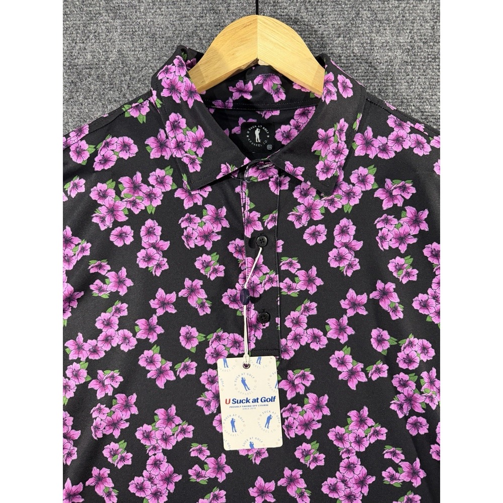 U Suck At Golf Polo Shirt Mens 2XL XXL Purple Floral Performance Stretch USAG